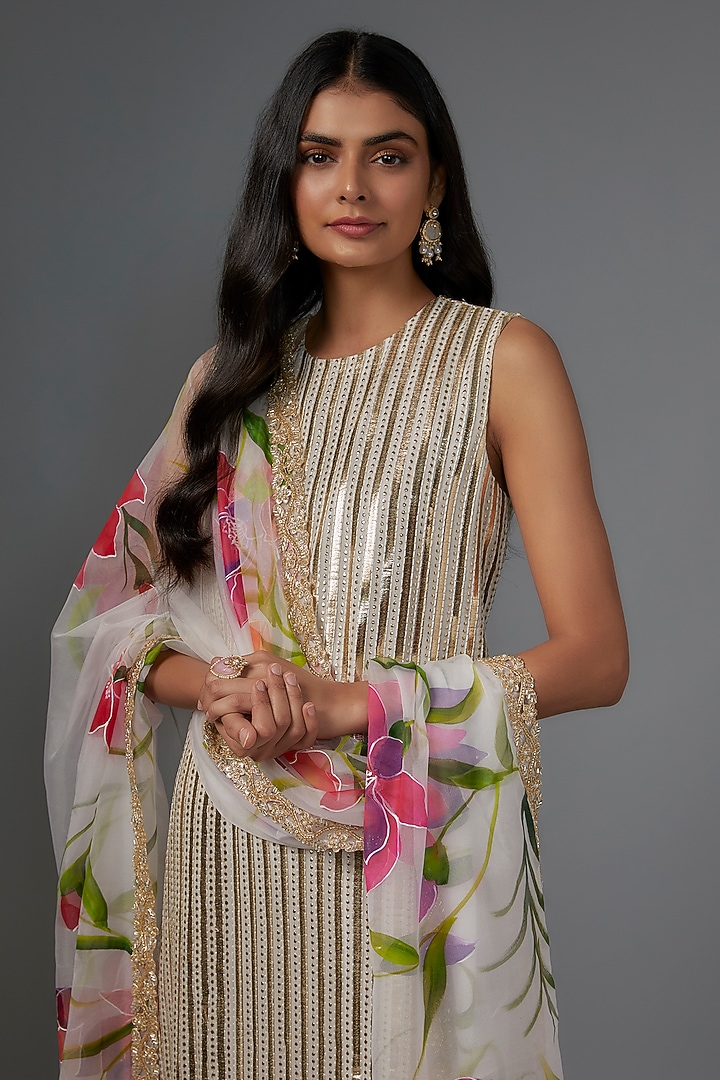 Gold & White Viscose Organza Foil Embroidered Striped Wedding Sharara Set by Kriti Bapna at Pernia's Pop Up Shop