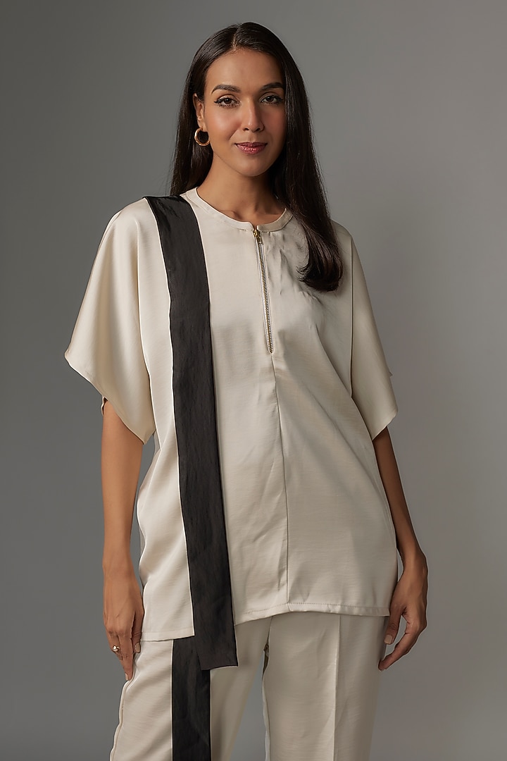 Ivory & Black Imported Satin Printed Co-Ord Set by Kriti Bapna at Pernia's Pop Up Shop