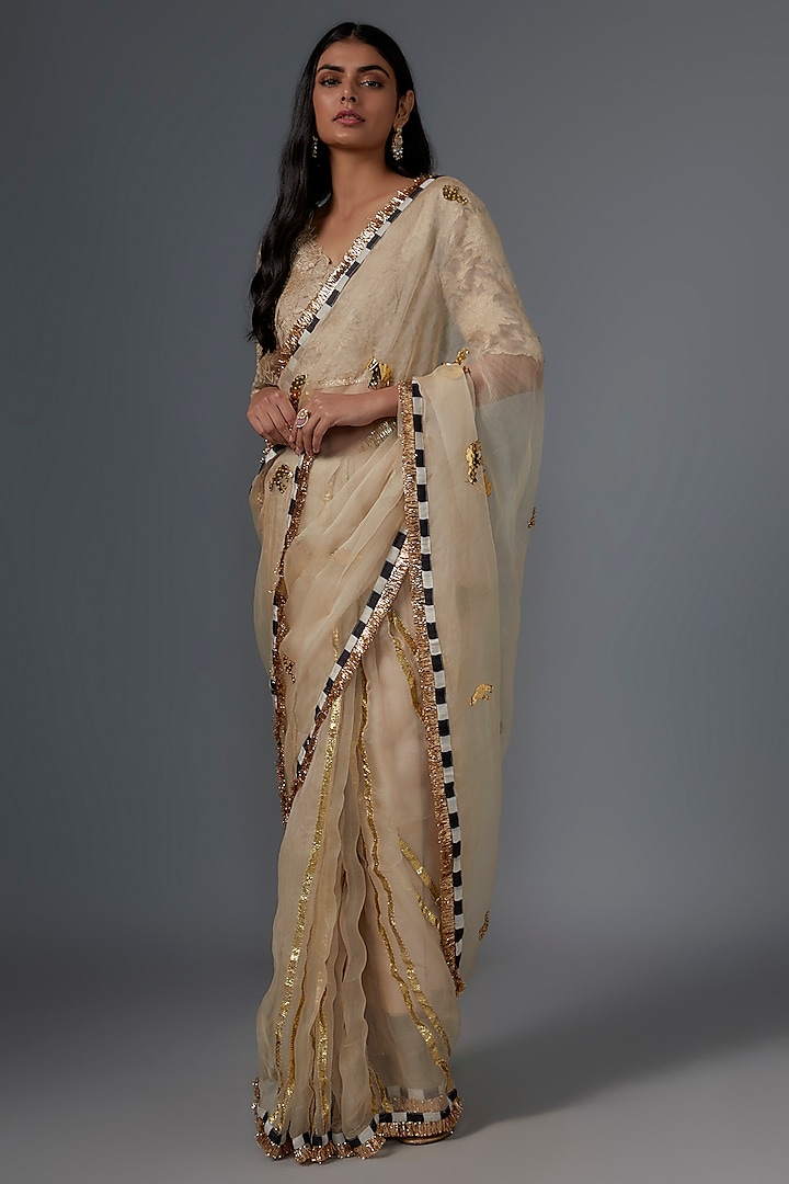 Beige Organza Motif Striped Saree Set by Kriti Bapna at Pernia's Pop Up Shop