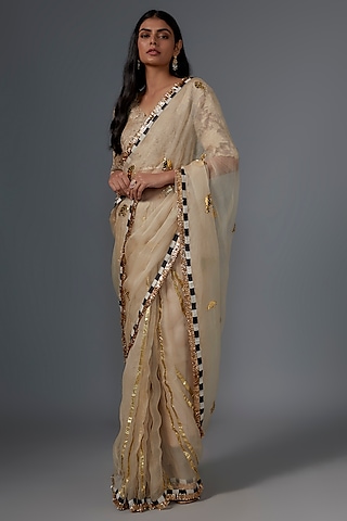 Beige Organza Motif Striped Saree Set by Kriti Bapna