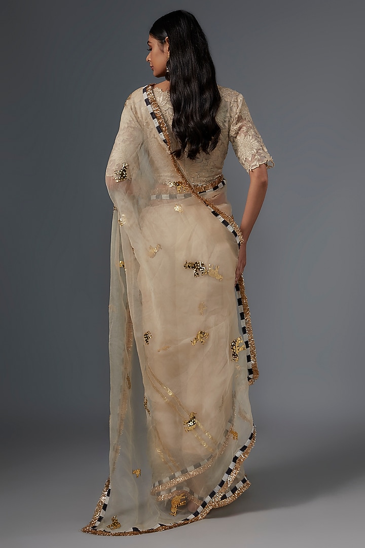 Beige Organza Motif Striped Party Wear Saree Set by Kriti Bapna at Pernia's Pop Up Shop