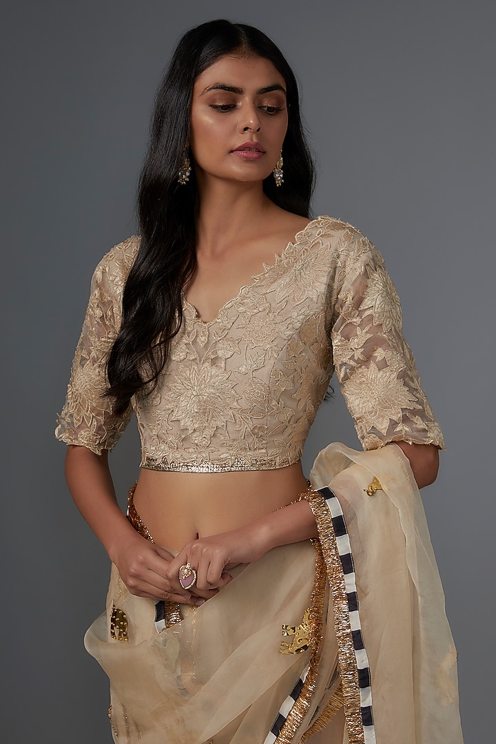 Beige Organza Motif Striped Party Wear Saree Set by Kriti Bapna at Pernia's Pop Up Shop