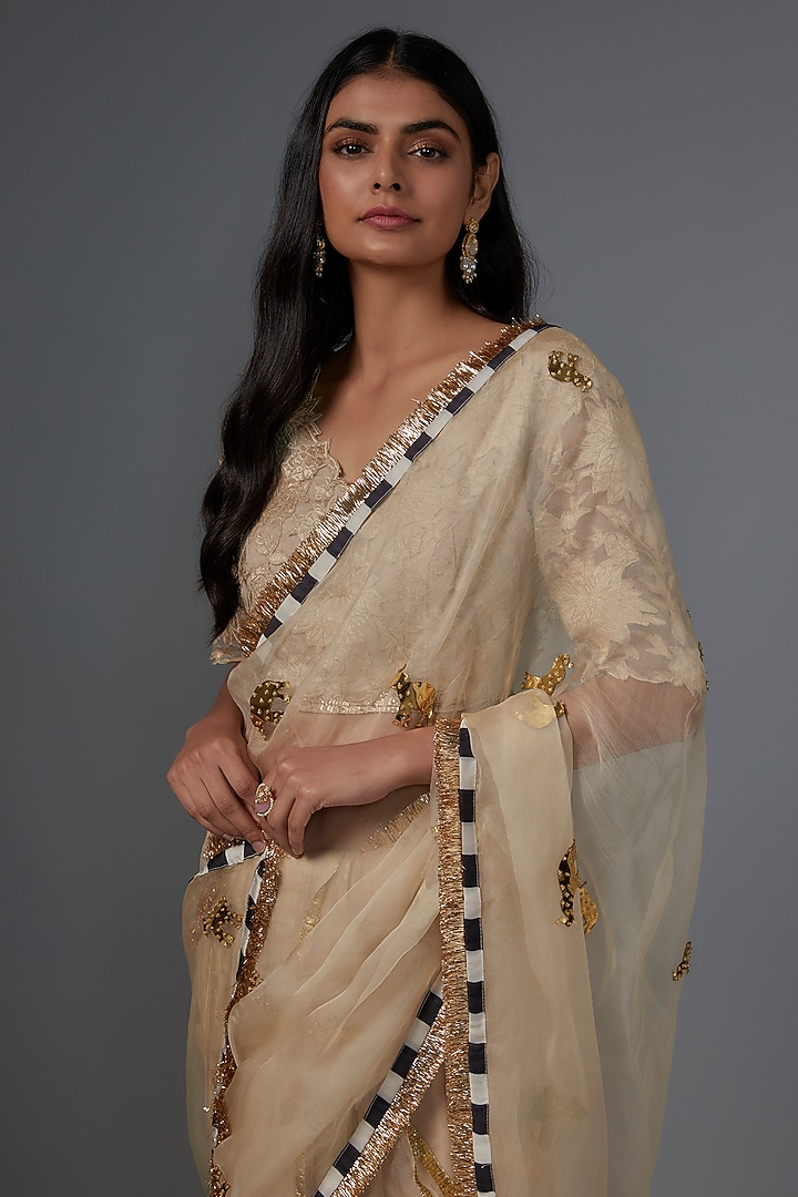 Beige Organza Motif Striped Party Wear Saree Set by Kriti Bapna at Pernia's Pop Up Shop