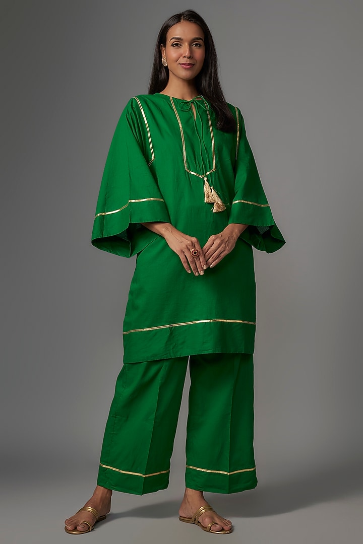 Green Cotton Leather Embroidered Co-Ord Set by Kriti Bapna at Pernia's Pop Up Shop