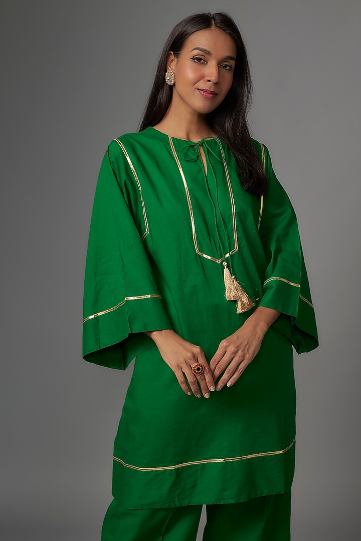 Green Cotton Leather Embroidered Co-Ord Set by Kriti Bapna at Pernia's Pop Up Shop