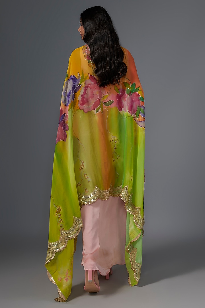 Multi-Colored Viscose Organza Hand Painted Scalloped Cape Set by Kriti Bapna at Pernia's Pop Up Shop