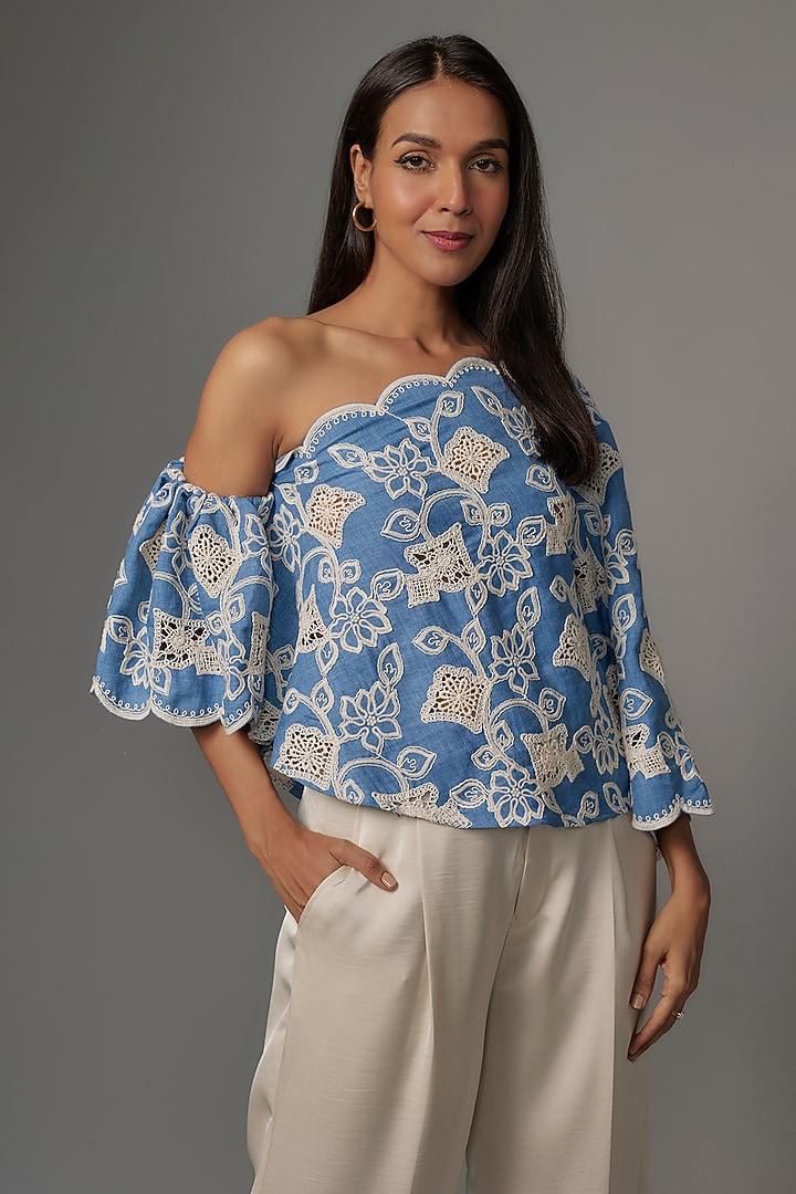 Blue Soft Denim & Imported Satin Co-Ord Set by Kriti Bapna at Pernia's Pop Up Shop