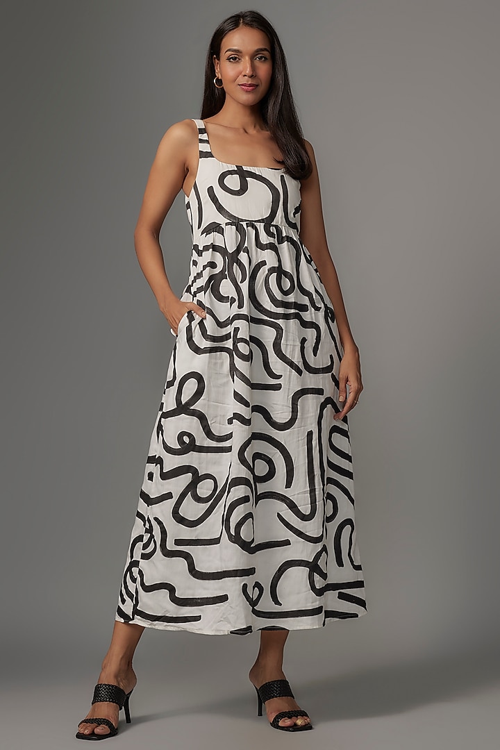 Black & White Cotton Satin Hand Painted Midi Dress by Kriti Bapna at Pernia's Pop Up Shop