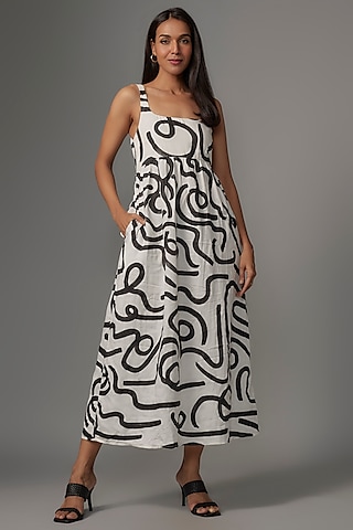 Black & White Cotton Satin Hand Painted Midi Dress by Kriti Bapna