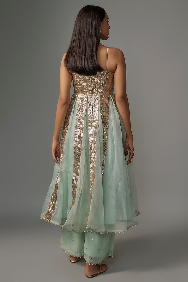 Green Organza Gota Embroidered Flared Party Wear Anarkali Set by Kriti Bapna at Pernia's Pop Up Shop