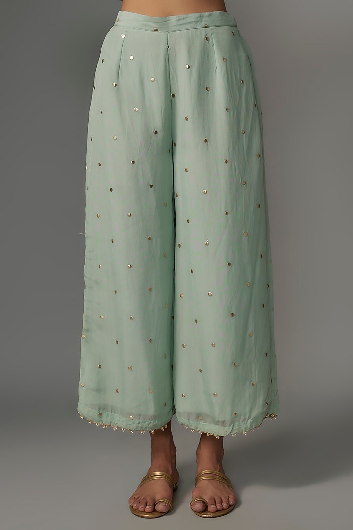 Green Organza Gota Embroidered Flared Party Wear Anarkali Set by Kriti Bapna at Pernia's Pop Up Shop
