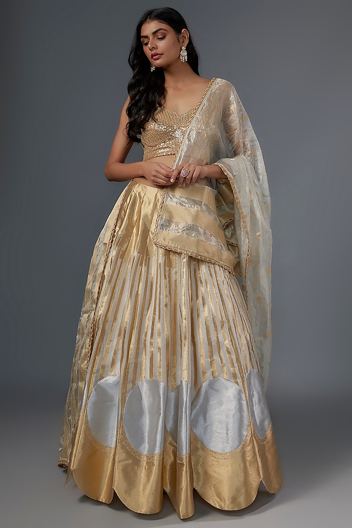 Gold Brocade Scalloped Wedding Lehenga Set by Kriti Bapna at Pernia's Pop Up Shop