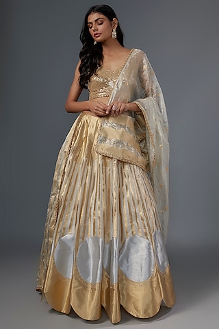 Gold Brocade Scalloped Lehenga Set by Kriti Bapna