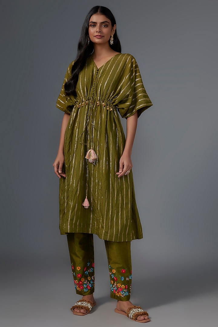 Olive Green Cotton Satin Machine Embroidered Kaftan Set by Kriti Bapna at Pernia's Pop Up Shop