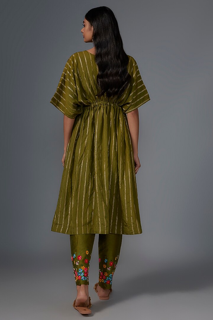 Olive Green Cotton Satin Machine Embroidered Kaftan Set by Kriti Bapna at Pernia's Pop Up Shop