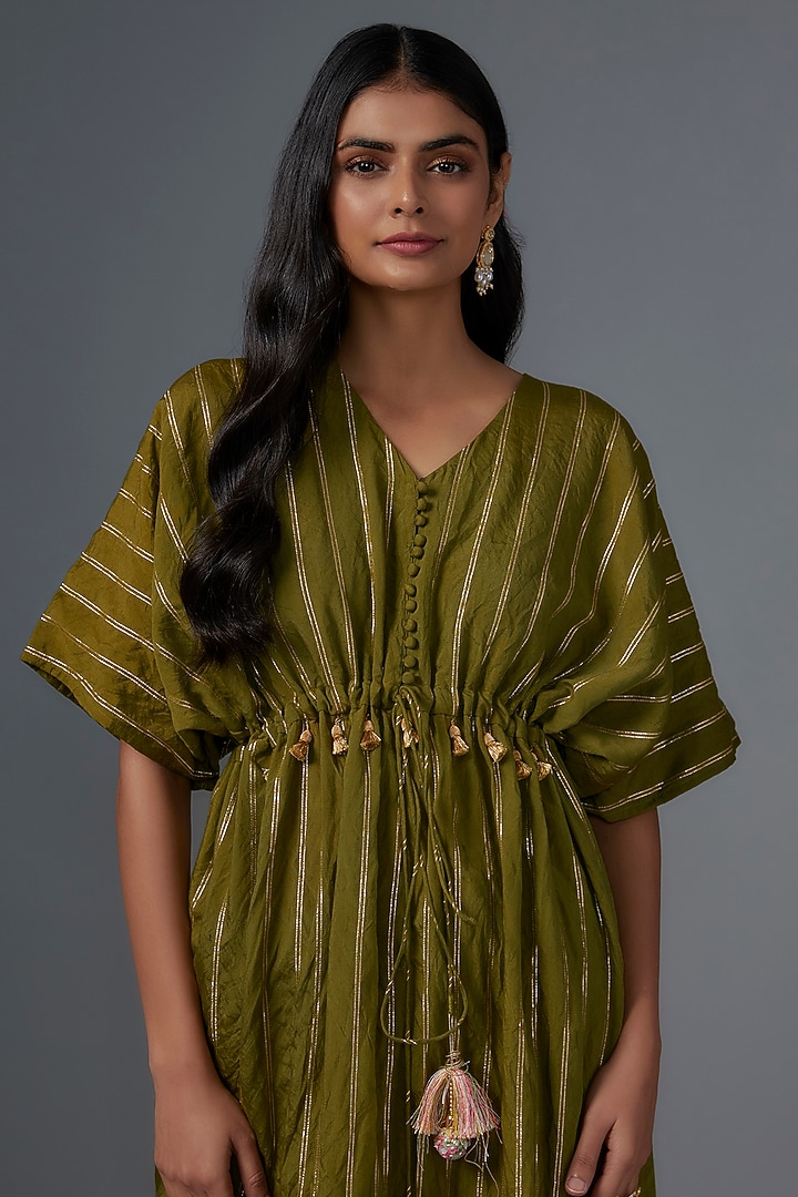 Olive Green Cotton Satin Machine Embroidered Kaftan Set by Kriti Bapna at Pernia's Pop Up Shop