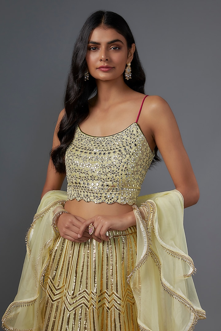 Yellow Silk Geometric Embroidered Wedding Lehenga Set by Kriti Bapna at Pernia's Pop Up Shop