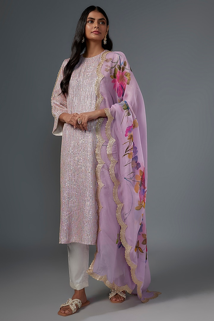 Purple Silk Sequins Striped Embroidered Kurta Set by Kriti Bapna at Pernia's Pop Up Shop
