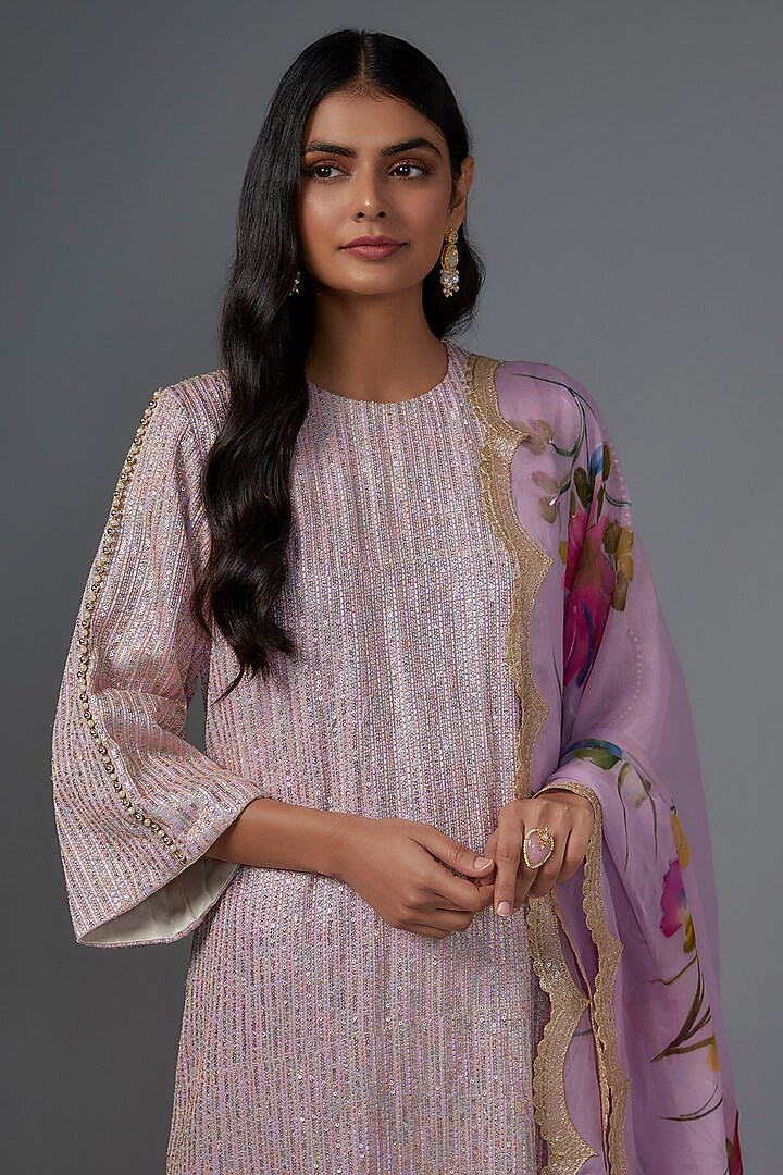 Purple Silk Sequins Striped Embroidered Kurta Set by Kriti Bapna at Pernia's Pop Up Shop