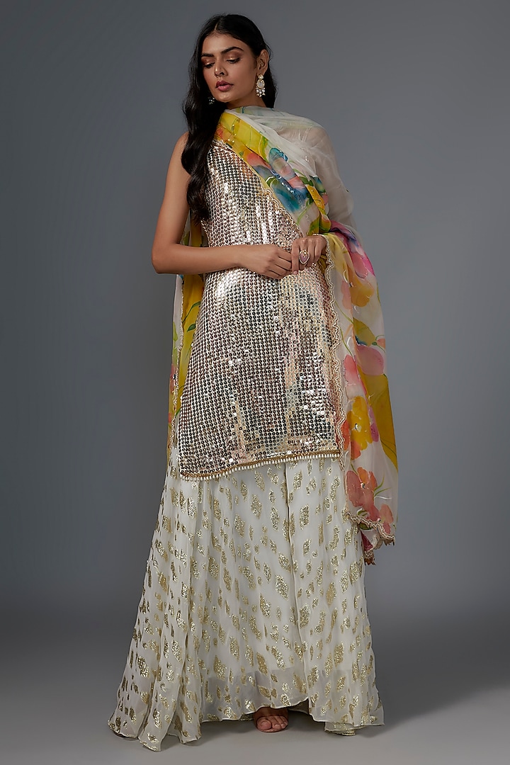 Ivory Georgette Sequins Embroidered Sharara Set by Kriti Bapna at Pernia's Pop Up Shop