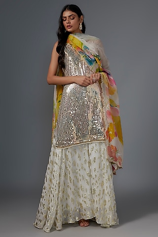 Ivory Georgette Sequins Embroidered Sharara Set by Kriti Bapna