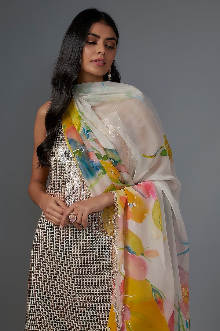 Ivory Georgette Sequins Embroidered Party Wear Sharara Set by Kriti Bapna at Pernia's Pop Up Shop