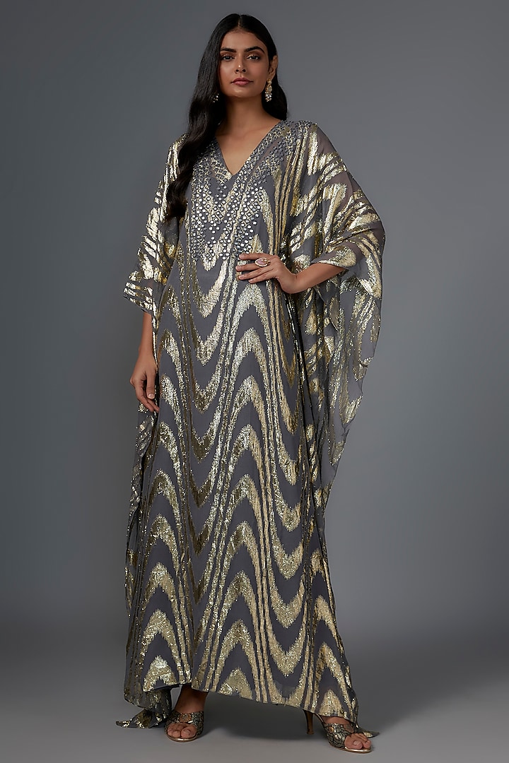 Grey Brasso Mirror Embroidered Shimmer Kaftan by Kriti Bapna at Pernia's Pop Up Shop