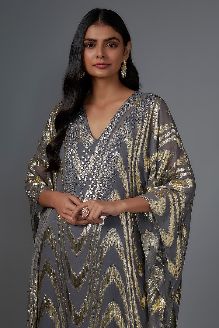 Grey Brasso Mirror Embroidered Shimmer Kaftan by Kriti Bapna at Pernia's Pop Up Shop