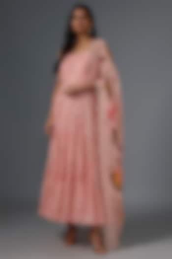 Pink Viscose Organza Mirror Embroidered Tiered Anarkali Set by Kriti Bapna at Pernia's Pop Up Shop