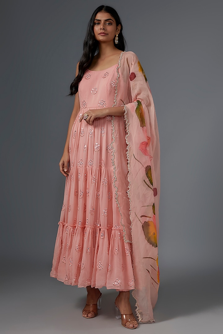 Pink Viscose Organza Mirror Embroidered Tiered Anarkali Set by Kriti Bapna at Pernia's Pop Up Shop