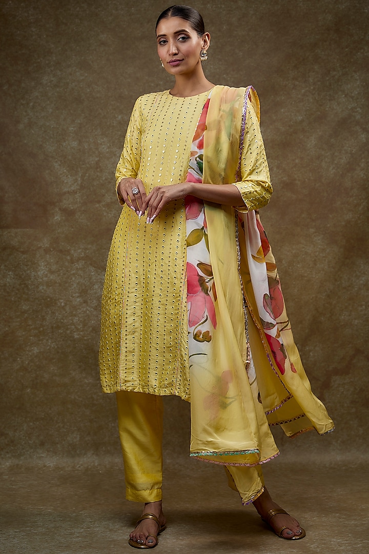 Yellow Viscose Organza & Silk Embroidered Kurta Set by Kriti Bapna