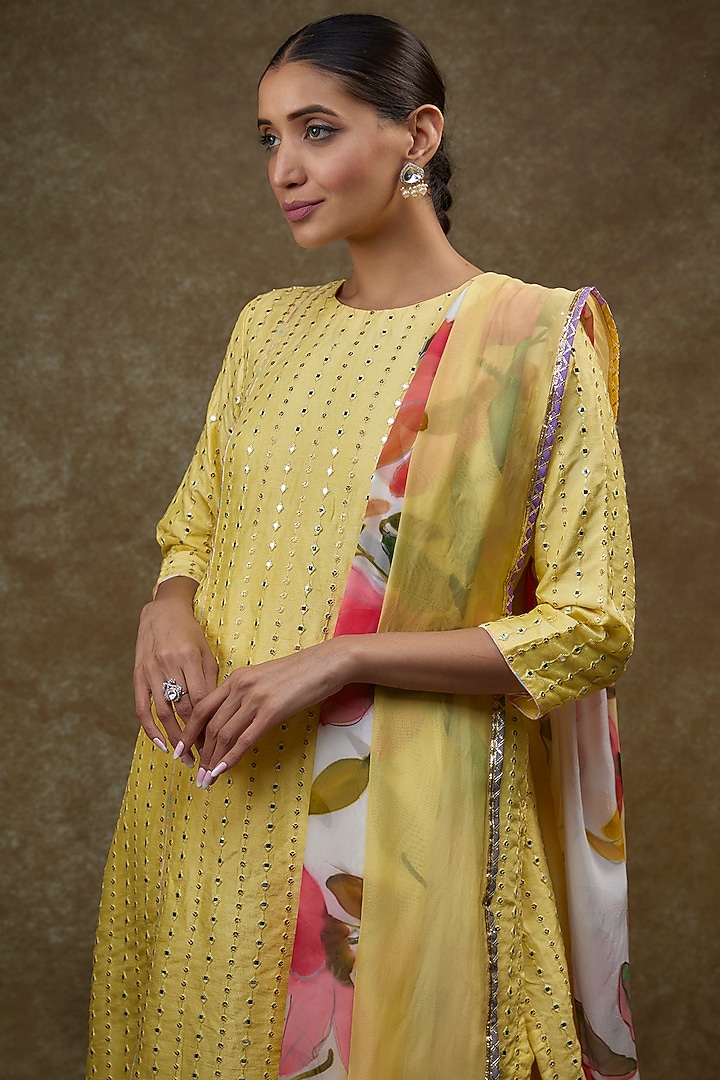 Yellow Viscose Organza & Silk Embroidered Kurta Set by Kriti Bapna at Pernia's Pop Up Shop