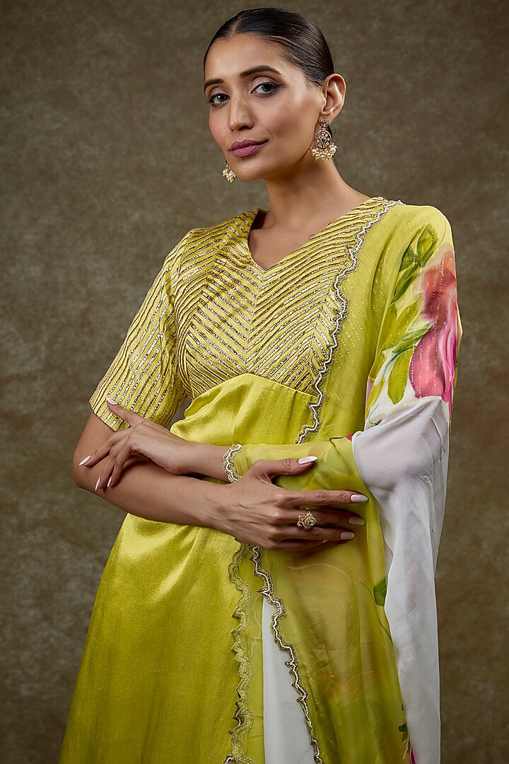 Lime Green Chanderi Party Wear Sharara Set by Kriti Bapna at Pernia's Pop Up Shop