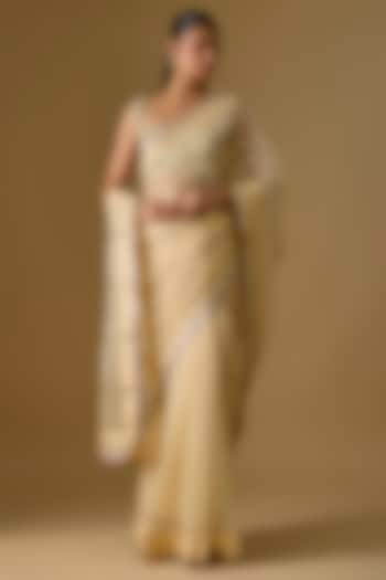 Beige Organza Rexine Embroidered Party Wear Saree Set by Kriti Bapna at Pernia's Pop Up Shop