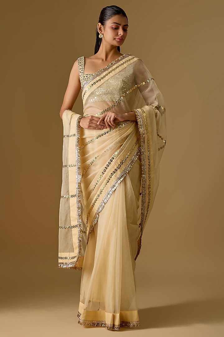 Beige Organza Rexine Embroidered Party Wear Saree Set by Kriti Bapna at Pernia's Pop Up Shop