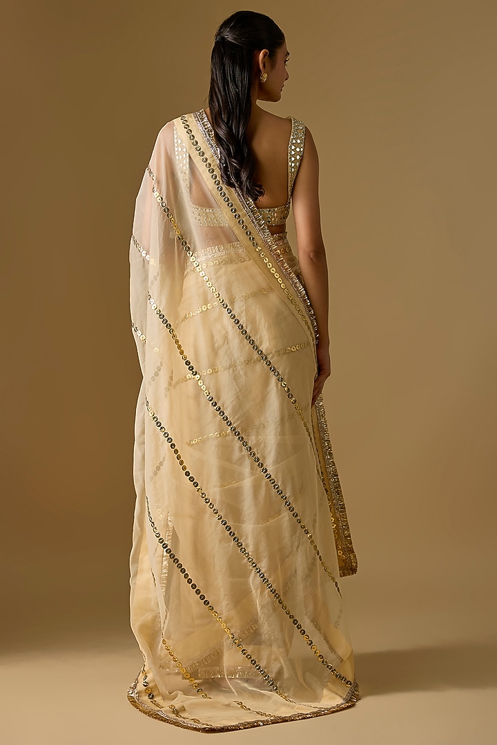 Beige Organza Rexine Embroidered Party Wear Saree Set by Kriti Bapna at Pernia's Pop Up Shop