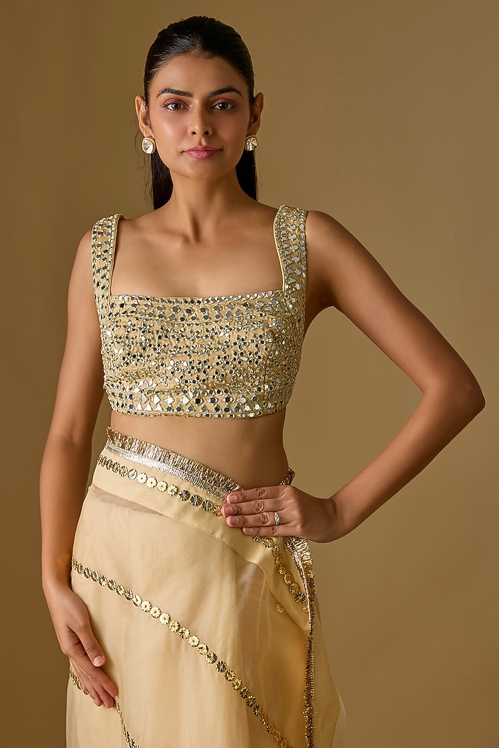 Beige Organza Rexine Embroidered Party Wear Saree Set by Kriti Bapna at Pernia's Pop Up Shop