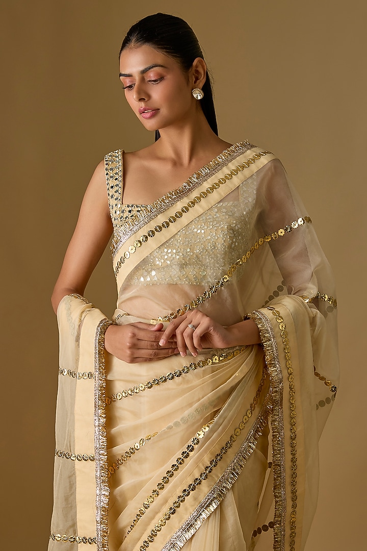 Beige Organza Rexine Embroidered Party Wear Saree Set by Kriti Bapna at Pernia's Pop Up Shop