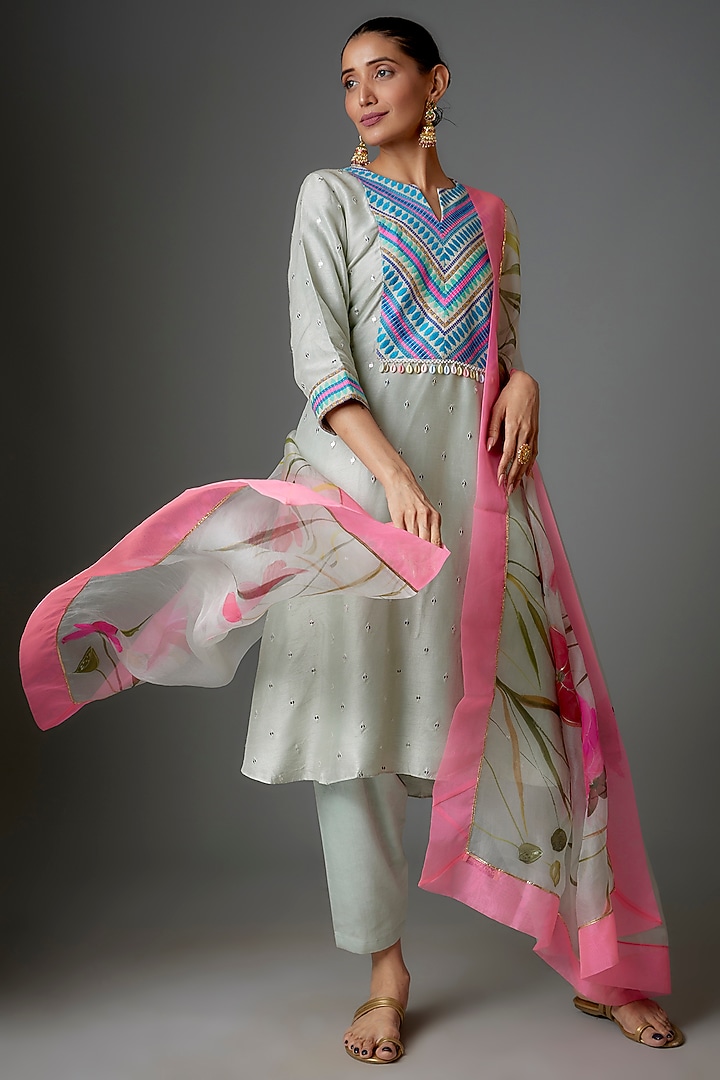 Blue Dupion Silk Tikki Embroidered Kurta Set by Kriti Bapna at Pernia's Pop Up Shop