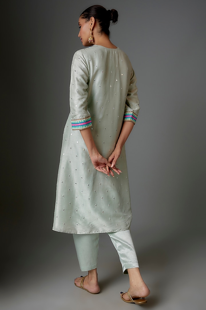 Blue - Polka Zari Butta Spun Dupion Silk Long Straight Kurta 08
