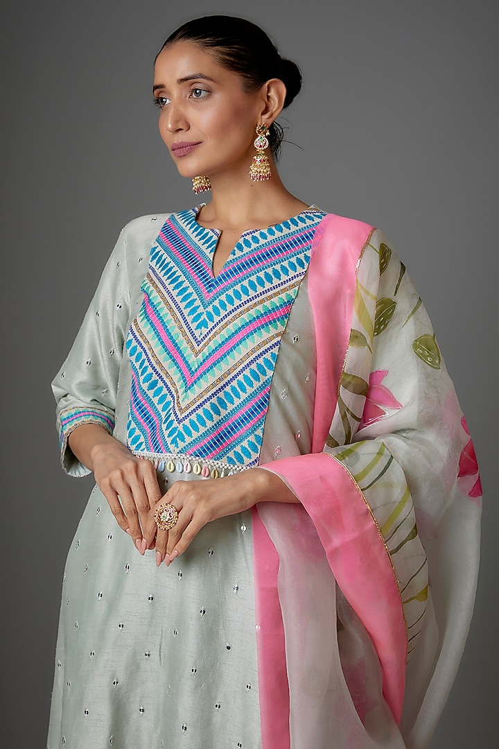 Blue Dupion Silk Tikki Embroidered Kurta Set by Kriti Bapna at Pernia's Pop Up Shop