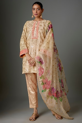 Peach Silk & Brocade Sequins Embroidered Hand Painted Kurta Set by Kriti Bapna