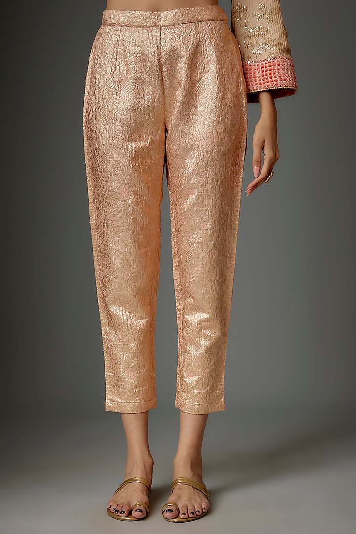 Peach Silk & Brocade Sequins Embroidered Hand Painted Kurta Set by Kriti Bapna at Pernia's Pop Up Shop