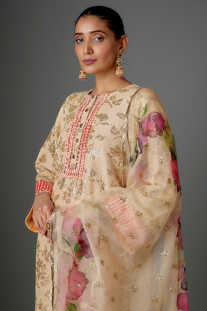 Peach Silk & Brocade Sequins Embroidered Hand Painted Kurta Set by Kriti Bapna at Pernia's Pop Up Shop