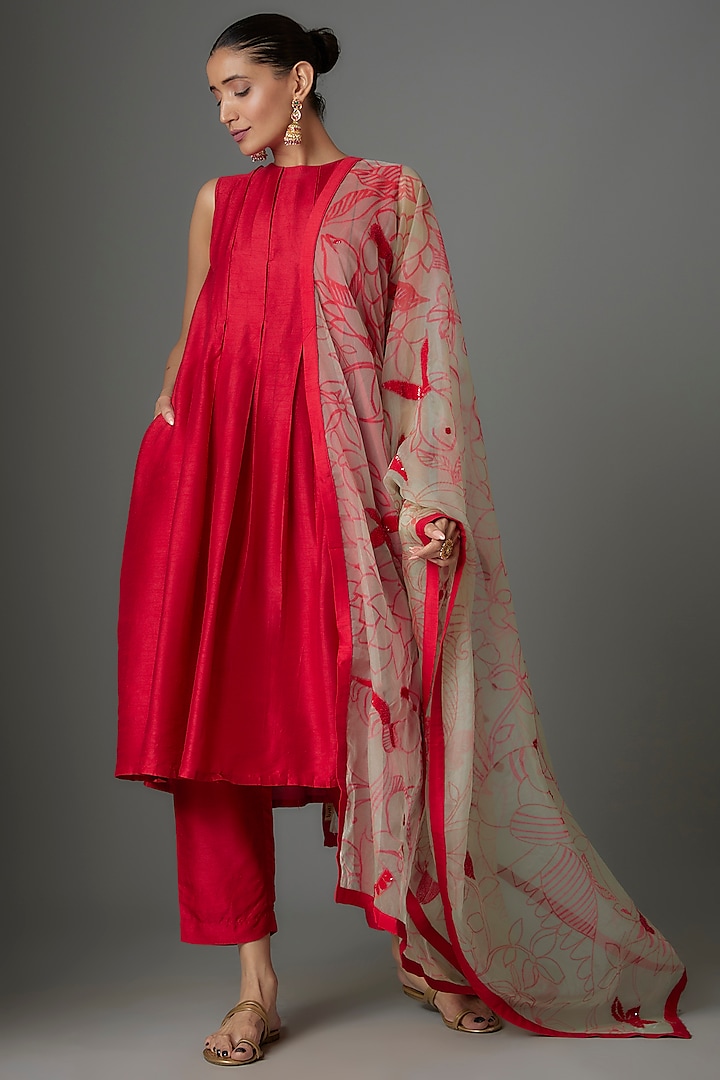 Red Silk Kurta Set by Kriti Bapna