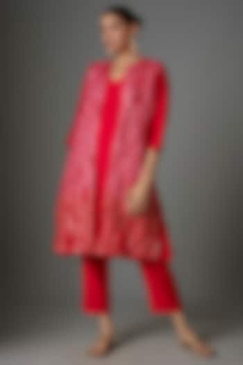 Red Silk Gota Embroidered Fringed Jacket set by Kriti Bapna