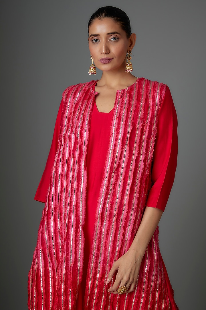 Red Silk Gota Embroidered Fringed Jacket set by Kriti Bapna at Pernia's Pop Up Shop