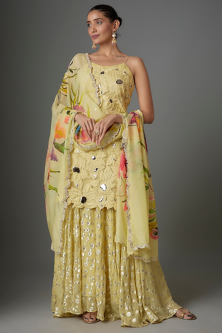 Yellow Silk & Brasso Kurta Set by Kriti Bapna