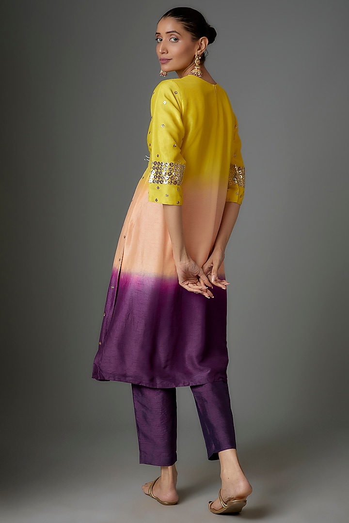 Yellow Ombre Silk Tikki Embroidered Kurta Set by Kriti Bapna at Pernia's Pop Up Shop
