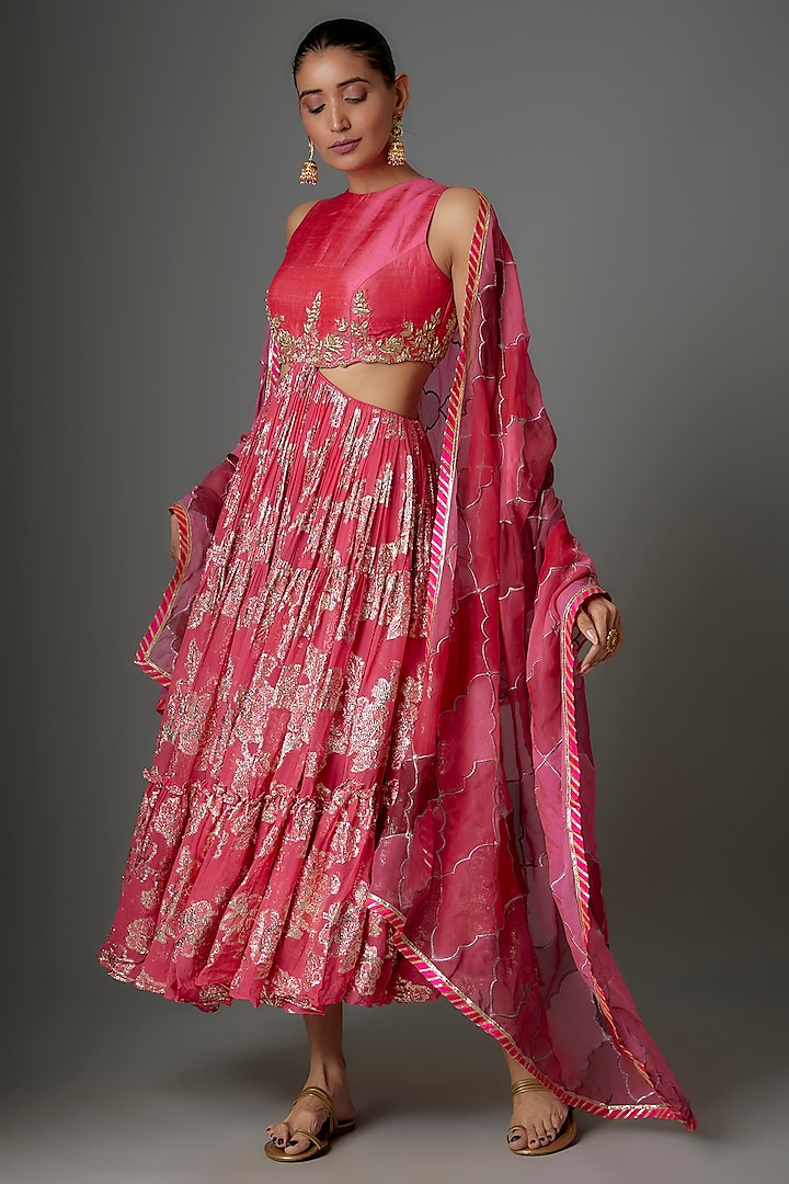 Pink Silk & Brasso Zardosi Embroidered Anarkali Set by Kriti Bapna